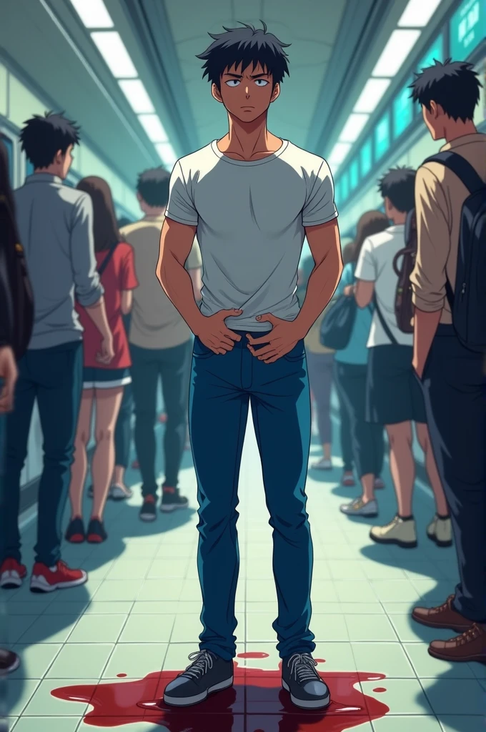 In the morning train station, a slender amd mascular young man in his blue pants is pissing himself, there's a pee stain on his pants. He couldn't hold his pee. He is holding his crotch to stop peeing but his pee is leaking out from his pants, and it is making a pee puddle at his feet. Dark wet spot on his pants, white t-shirt, shoulder bag, He looks embarrassed. Anime.