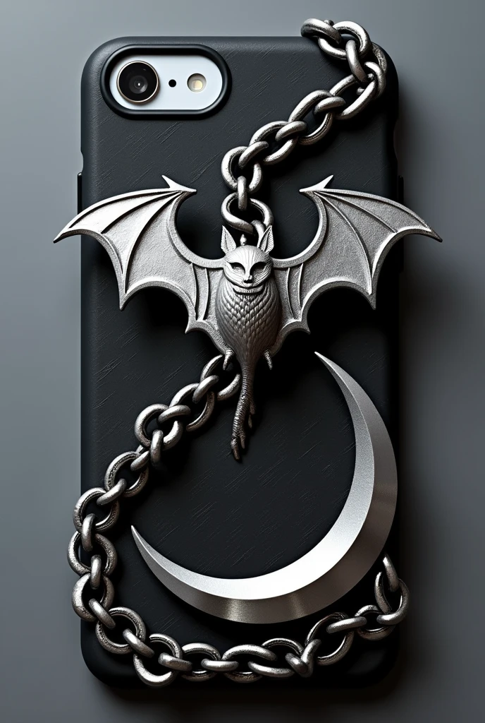 Cell phone case with a 3D silver bat at the bottom, close to the camera, a silver half-moon made of steel in the bottom right corner and a silver chain passing through the middle, going from the top right corner of the case to the bottom left corner of the case
