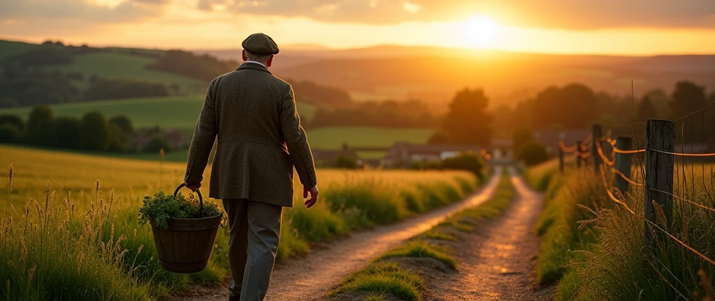 An image of a country gentleman, carrying a bucket, going home, em um vilarejo, country man, photo realist, image from bottom to top, horizon line