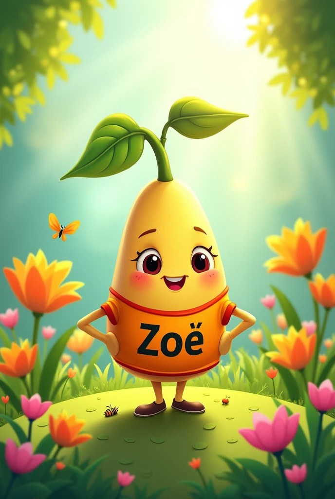 it is a seed, it is a cute character for . longed shape wearing a t-shirt with the name zoí on it