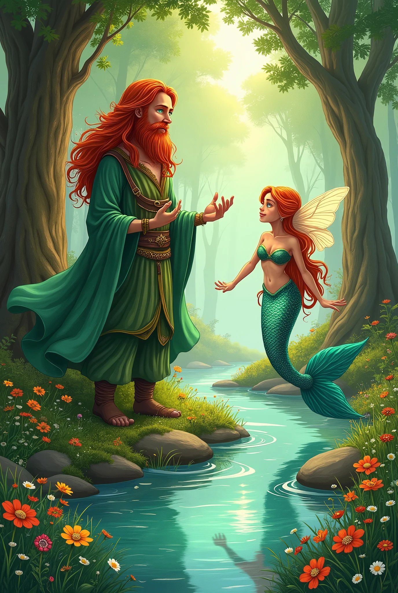 folk story with the characters Gael the spirit of the forest, Curupira the guardian of nature, Iara the beautiful mermaid and Lumina the fairy of the fountain,I want a cartoon pencil sketch drawing