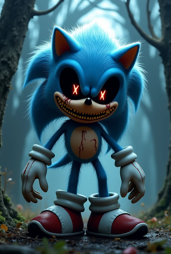 Generate an image of Sonic.exe with pale blue fur and messy spikes, completely black eyes with 2 bright white and red lights a black X as pupils, a pair of whiskers on the cheeks, crying a red liquid, yellow teeth showing their gums, black shoes shaped like raisins with a white line and an X carved into the stomach