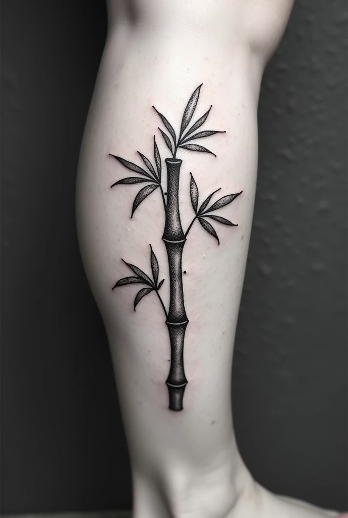 Create a black and white pointillism tattoo of a broken bamboo for your leg