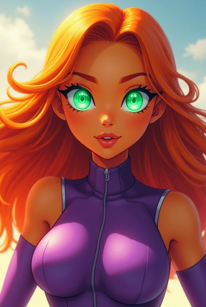 An orange skinned girl, wearing a purple sleeveless power suit. Her eyeballs are bright green, glowing and without pupils inside. She has orange long and wavy hair, an hairbang and she is busty. She flyes in the sky. Beautiful detailed face