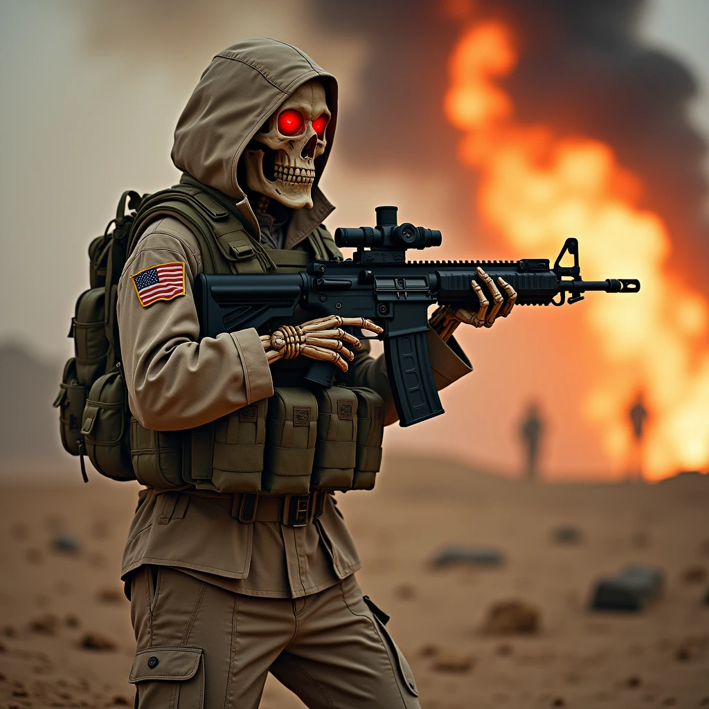 Skeleton, red eyes, Us army Outfit, Combat Helmet, Holding Barret M82 in hands, staring forward, flames in background, sand on ground