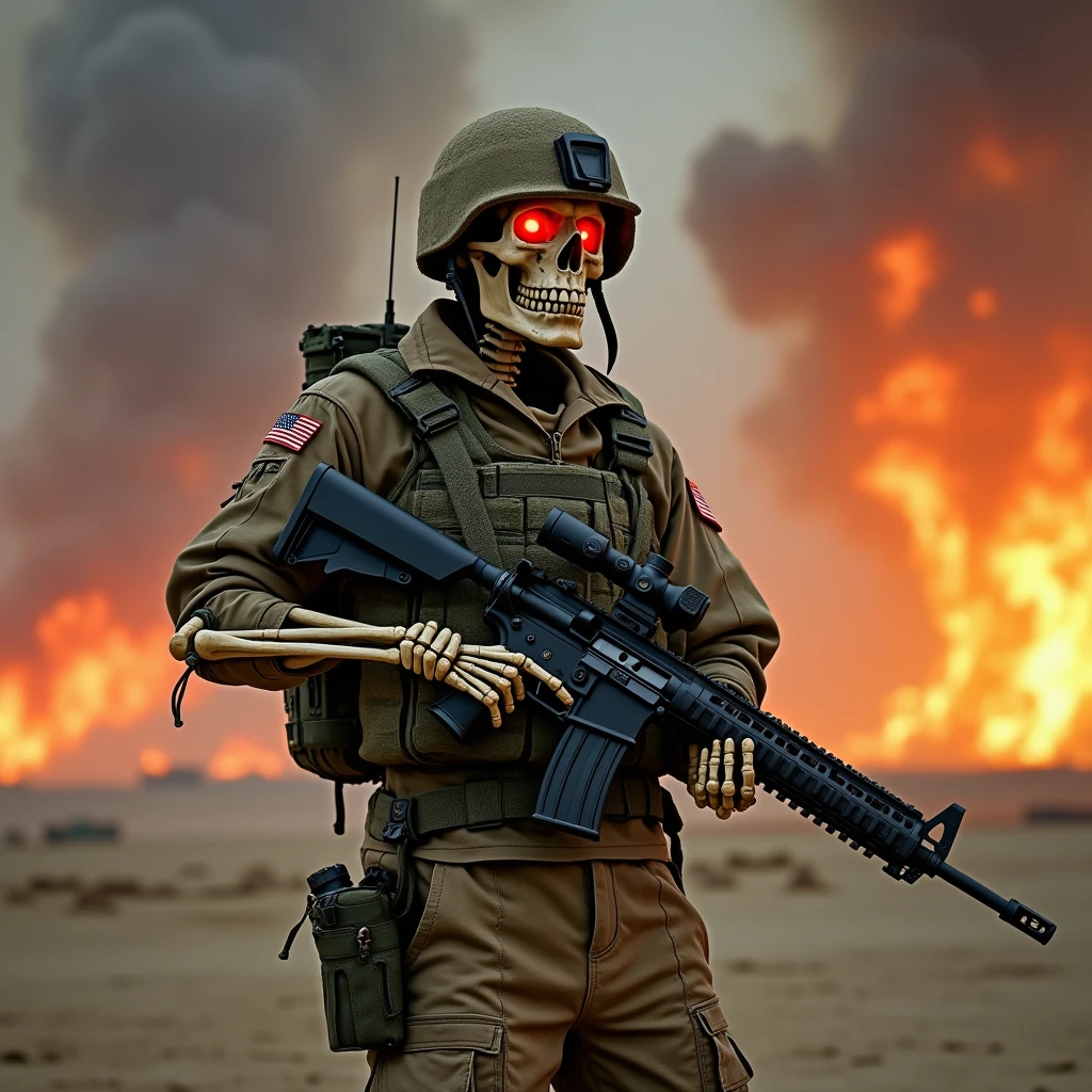 Skeleton, red eyes, Us army Outfit, Combat Helmet, Holding Barret M82 in hands, staring forward, flames in background, sand on ground