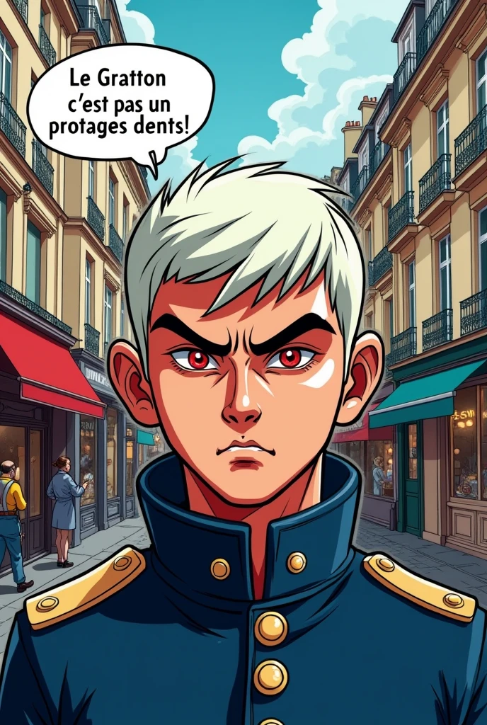 Un militaire français aux cheveux blancs et courts, avec les yeux qui brillent en rouge disant dans une bulle "le Gratton c'est pas un protèges dents !" 
