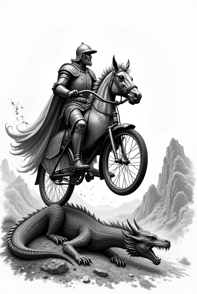 Saint George black and white lines on top of a bicycle, fighting a dragon on the ground