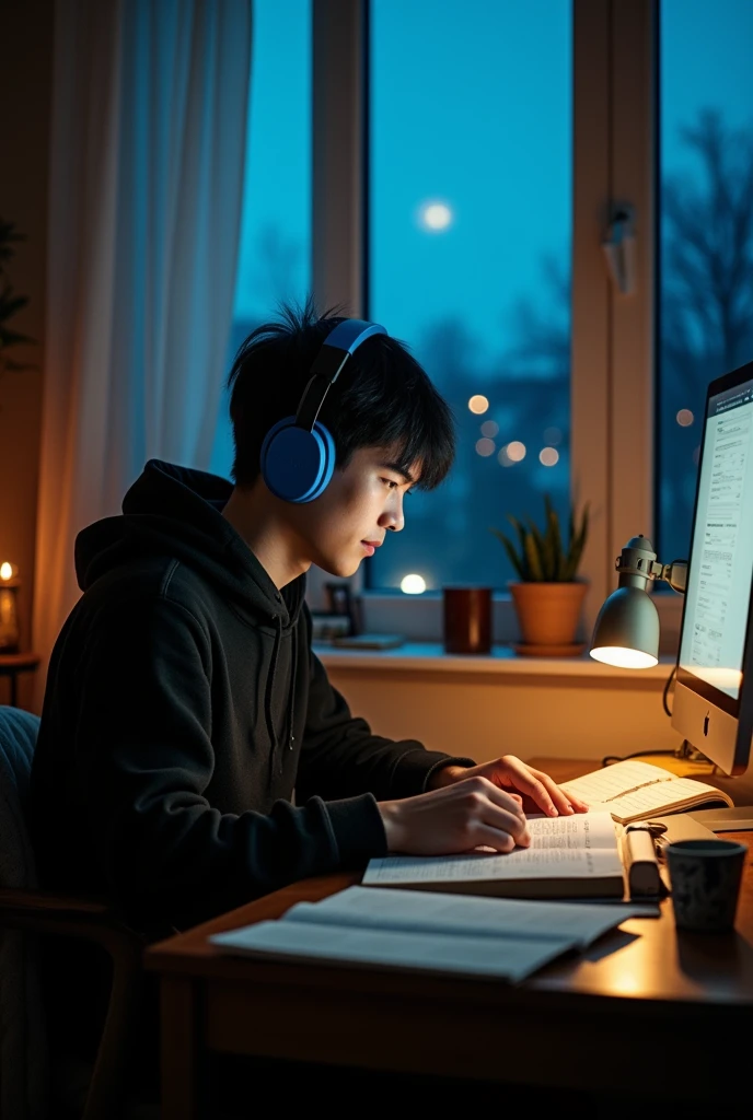 Create an anime-style illustration of a young man studying in a cozy, dimly lit room during the night. The setting should have a warm, ambient glow from a lamp on the desk, contrasting with the cool blue tones of the evening outside a large window. The young man, with short black hair and a relaxed expression, wears a black hoodie and blue headphones. He is seated at a desk cluttered with open books and notes, indicating deep focus. A computer screen emits a soft light beside him, and a small potted plant adds a touch of nature to the scene. The overall mood should be peaceful, introspective, and slightly melancholic, capturing the quiet intensity of late-night study sessions."

This prompt will help recreate the image with all its intricate details and atmosphere.










ChatGPT can make mistakes. Check important