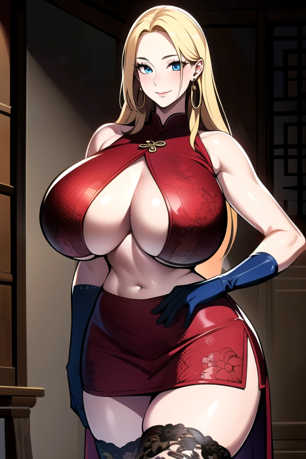 ultra realistic 8k cg, masterpiece, ((ultra detailed background, intricate detail, highly detailed, fine details best quality, hyperdetailed face)), gigantic breasts ,beautiful lighting, absurdres, BoaHancockV2, 1girl, solo, (blond hair), long hair, jewelry, closed mouth, ), cleavage, (chinese dress : 1.1), (underboob : 1.4), elbow gloves, thigh boots, miniskirt, bare shoulders,, bare shoulders, curvy, midriff, curvy, thighs, shiny clothes), blue eyes, complex detailed background, indoor, palace), ((cowboy shot)), curvy, (gigantic breasts: 1.1), seductive smile, cowboy shot, earrings, jewelry