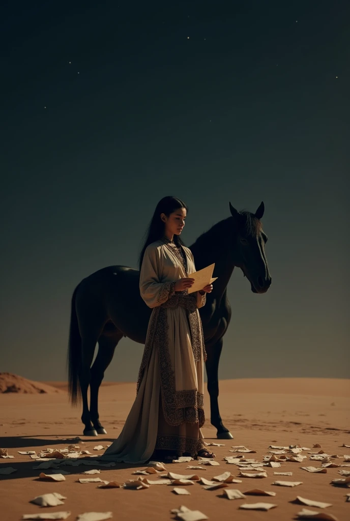 Draw a picture of a girl of 30 years old in brave's costume, having straight black hair standing in desert holding a jar. The girl is holding a chit and reading it.
On desert there are lots of chits everywhere without led lights.
A black horse is standing behind the girl on left side.
The whole picture is in dark mode.