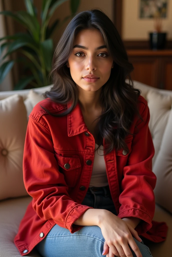 Genrate a sexy girl influencer. Very realstic. 19 year old. Very Fair face. Cute face. Red Denim jacket wearing. Slim nose. Very light brown eyes. Beautiful slim lips. Beautiful face. Beautiful eyes. Sexy Indian girl. She is the lovely sexy girl. Realistic background. she is sitting on the sofa. sexy girl.