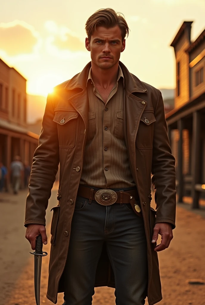 A man in a leather jacket with a knife in his hand in the old western style with parted hair and no beard