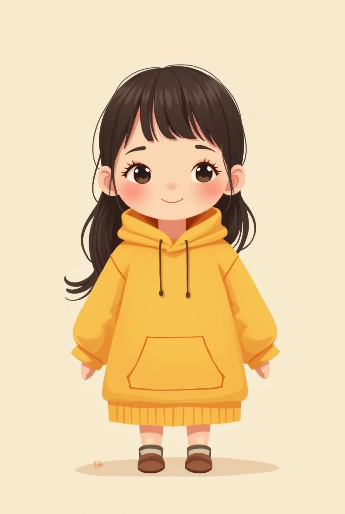 2D Minimalist Character Design. Girl with loose dark brown hair behind her back. With a bang. In a yellow hoodie. Round ears. background empty. The girl stands straight and looks at me.. Smile and blush