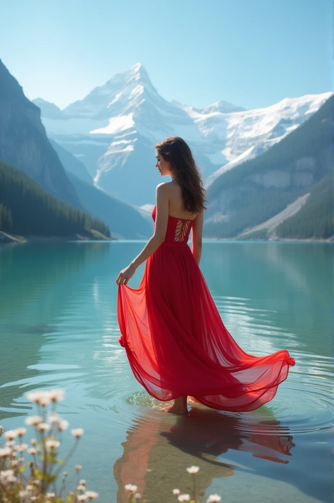 Light skinned lady in red dress standing in a shallow lake while looking towards the camera. There are mountains in the background