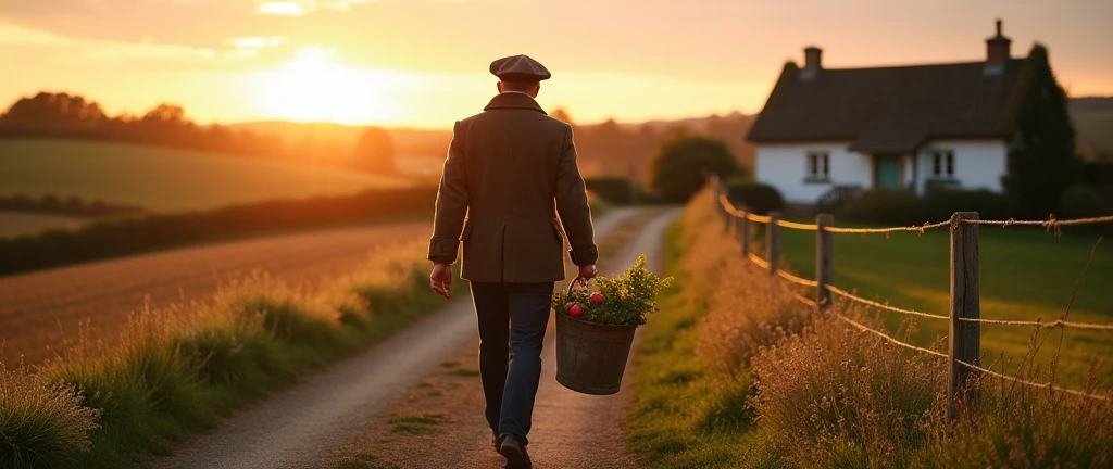 An image of a country gentleman, carrying a bucket, going home, em um vilarejo, country man, photo realist, image from bottom to top, horizon line