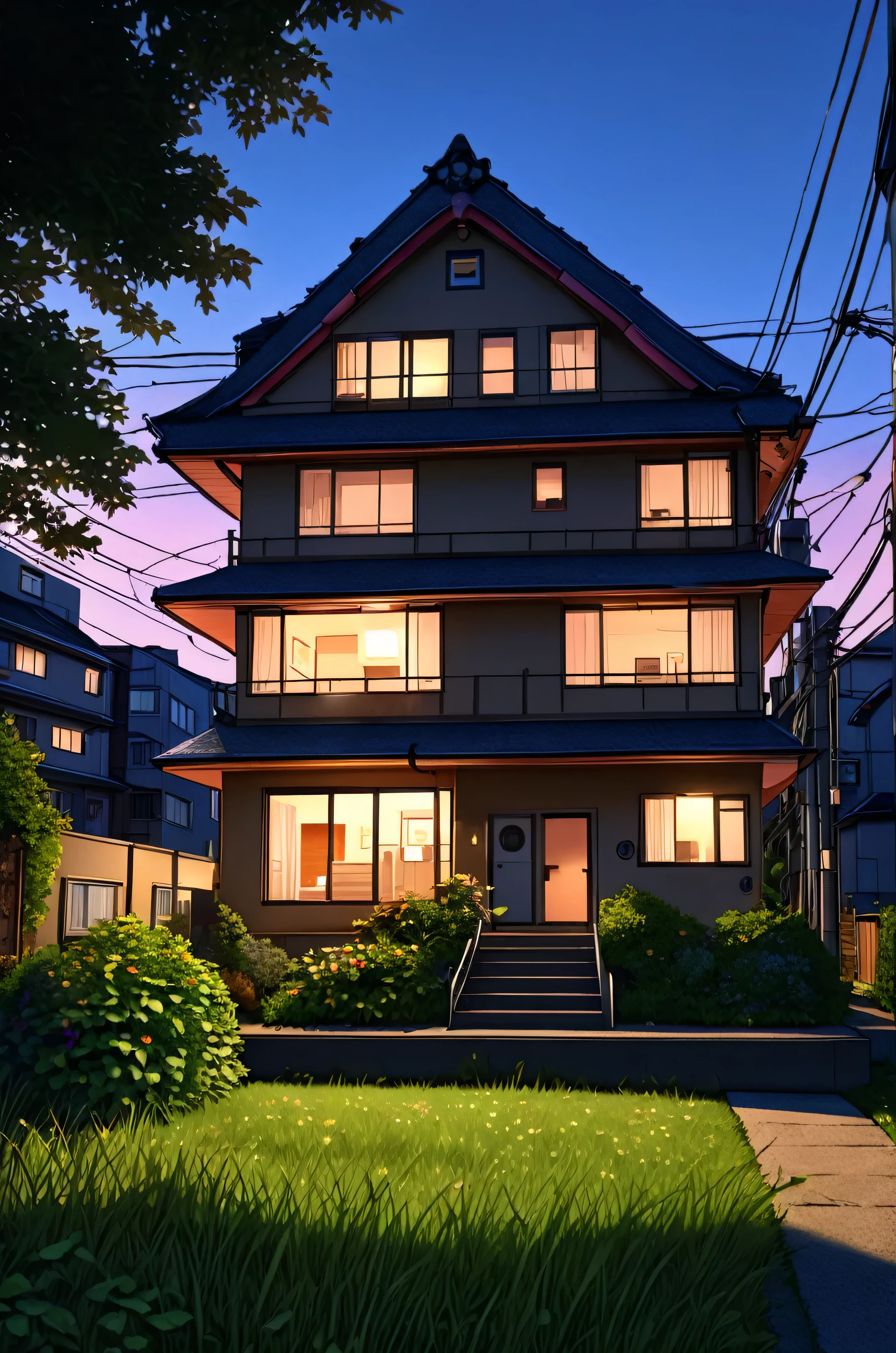 Anime Modern house on heart of Tokyo city in the dawn, low light, perfect lighting,ultra realistic, high resolution, highly detailed, grass on the front of house, electric pow,dawn light behind the house,