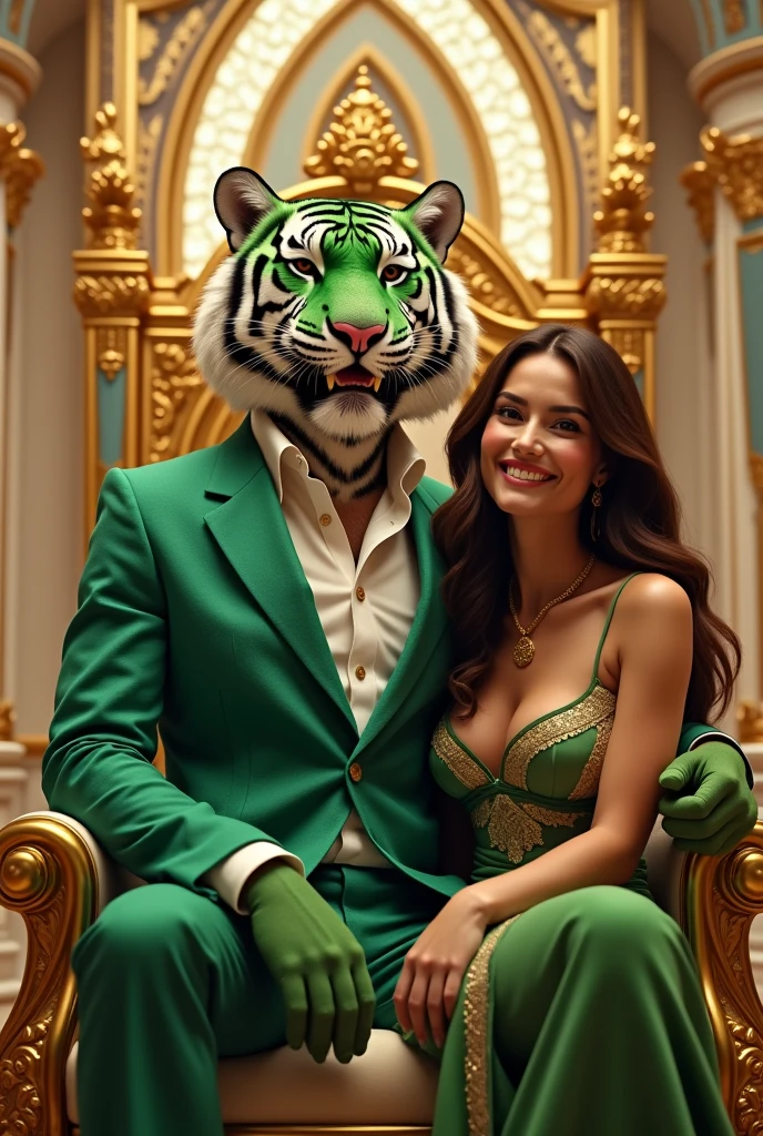 Happy rich green tiger in blazer and smiling sitting on a throne with a beautiful women and royal background like a palace white and gold is everywhere and tiger and women both are happy and rich and with lot of resources cute animated cartoon he is famous and he have lot of respect and fame and he is so god like and tall and have human body 