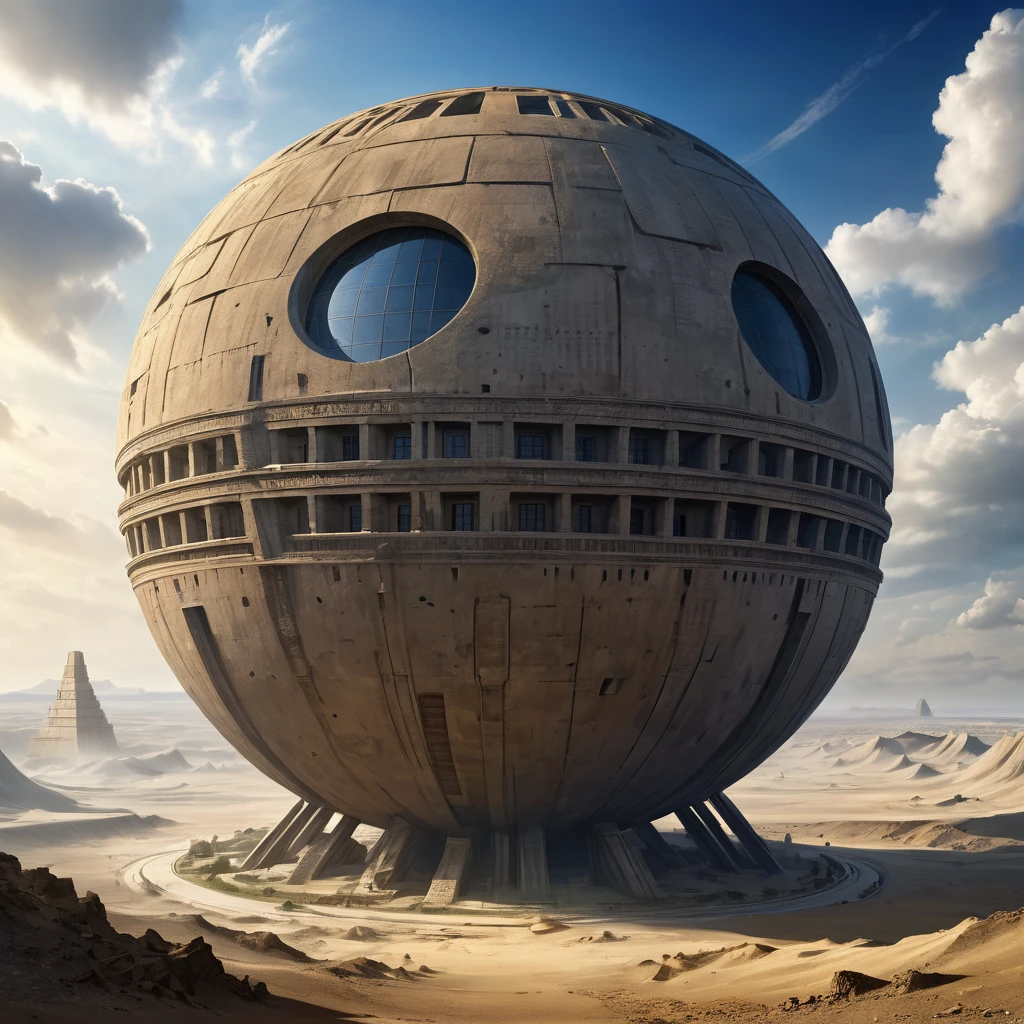Naked wasteland, the wind raises dust, Not a soul around, just in the midst of all this splendor, there is a monument to an ancient civilization, a spheroid with angular parallels tending to get into the core, various ancient scripts, Maximum Detail, highest quality