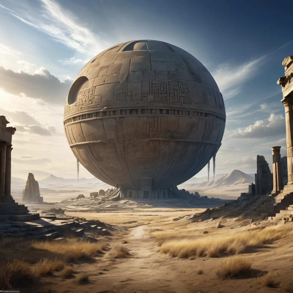 Naked wasteland, the wind raises dust, Not a soul around, just in the midst of all this splendor, there is a monument to an ancient civilization, a spheroid with angular parallels tending to get into the core, various ancient scripts, Maximum Detail, highest quality
