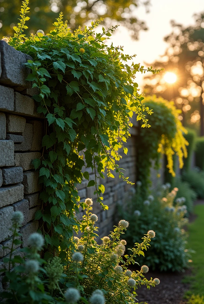 Wall with hedge garden plant that tips on the wall