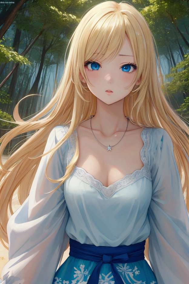 (masterpiece、Highest quality、8k、High resolution)、(Anime Girl)、Best Style、(The most beautiful face)、Clear skin、Clean blue eyes、Beautiful lips、Beautiful nose、Blonde Hair、Walking on the sand、Ocean、You can see the forest、A bright night with stars visible、Mysterious light particles emitting from the body、Very mysterious light、jewelry、necklace、dress、(whole body)、Highly detailed anime art、A complete portrayal、