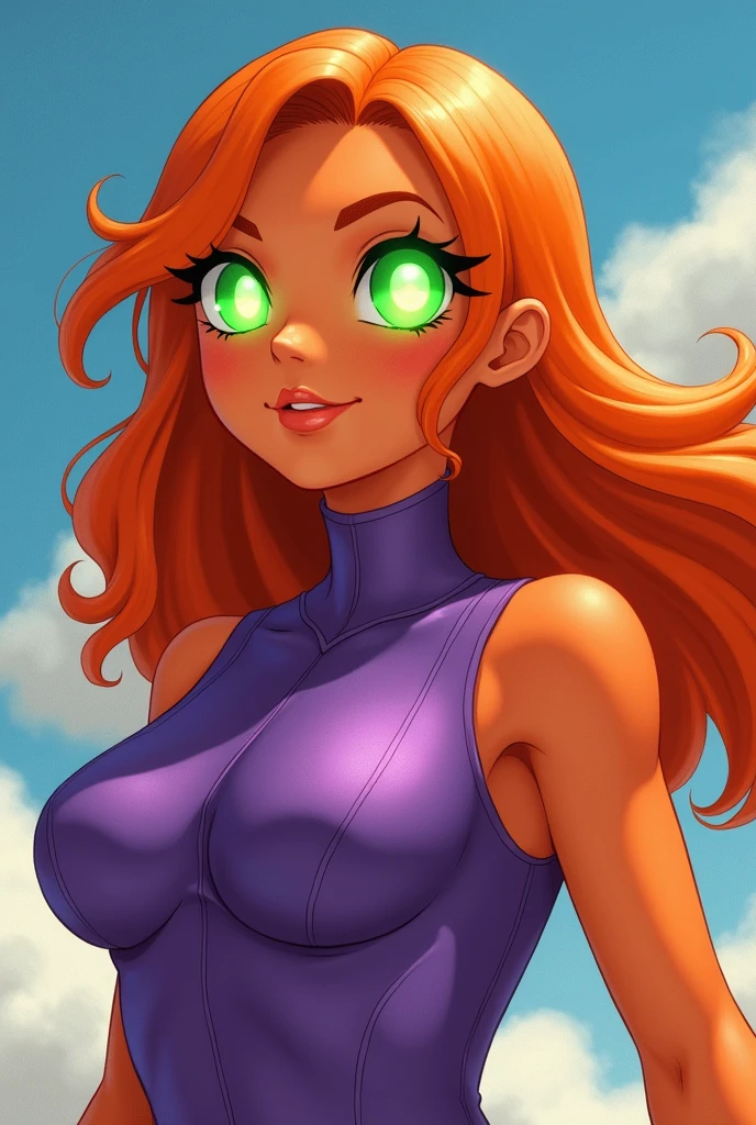 An orange skinned girl, wearing a purple sleeveless power suit. Her eyeballs are bright green, glowing and without pupils inside. She has orange long and wavy hair, an hairbang and she is busty. She flyes in the sky. Beautiful detailed face