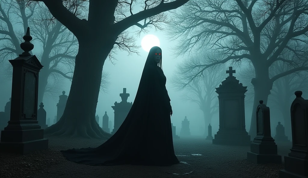 a figure in a long black cloak, with red eyes, that sparkled in the darkness of the cemetery
