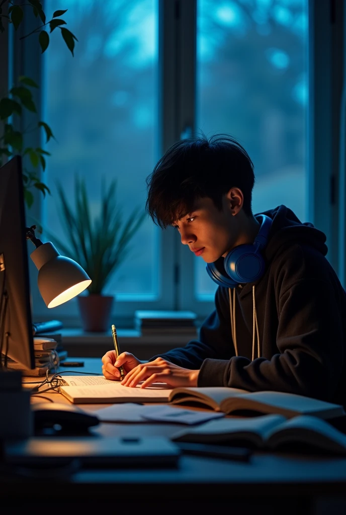 Create an anime-style illustration of a young man studying in a cozy, dimly lit room during the night. The setting should have a warm, ambient glow from a lamp on the desk, contrasting with the cool blue tones of the evening outside a large window. The young man, with short black hair and a relaxed expression, wears a black hoodie and blue headphones. He is seated at a desk cluttered with open books and notes, indicating deep focus. A computer screen emits a soft light beside him, and a small potted plant adds a touch of nature to the scene. The overall mood should be peaceful, introspective, and slightly melancholic, capturing the quiet intensity of late-night study sessions."
This prompt will help recreate the image with all its intricate details and atmosphere.
ChatGPT can make mistakes. Check important