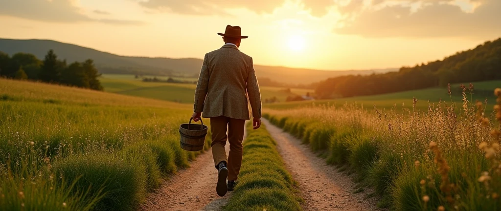 An image of a country gentleman, carrying a bucket, going home, em um vilarejo, country man, photo realist, image from bottom to top, horizon line