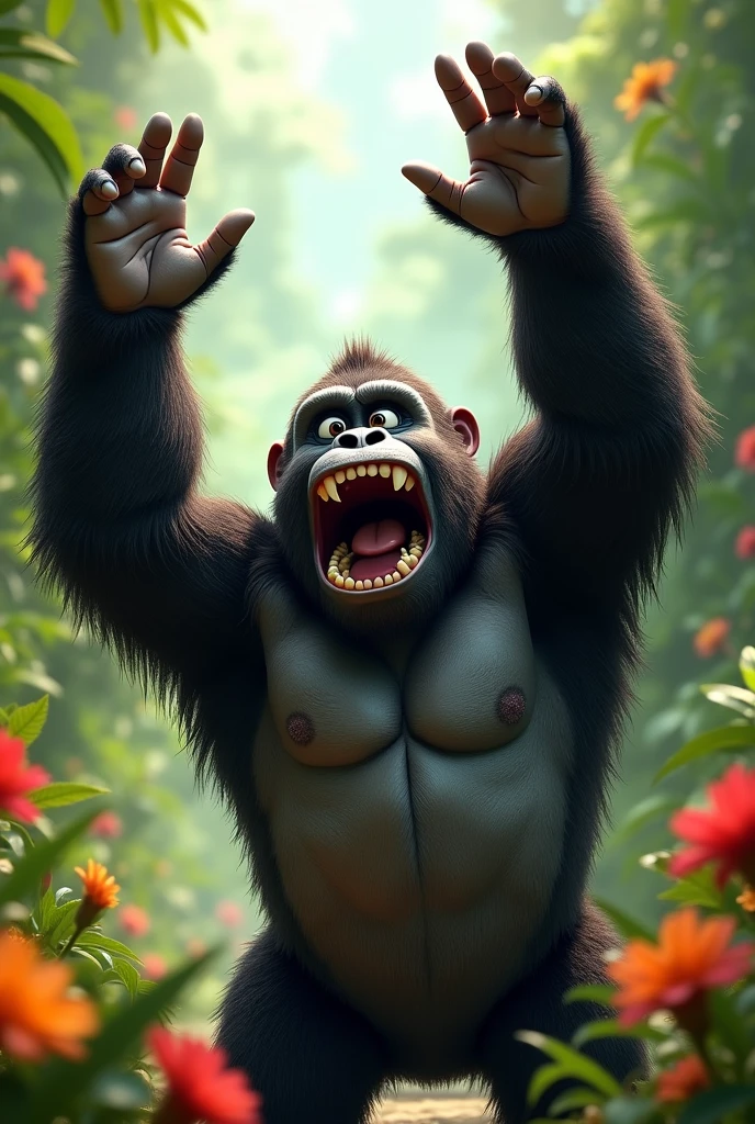 An animated gorilla waving with both hands,
He is very strong and he is smiling, surprised, with hands on head