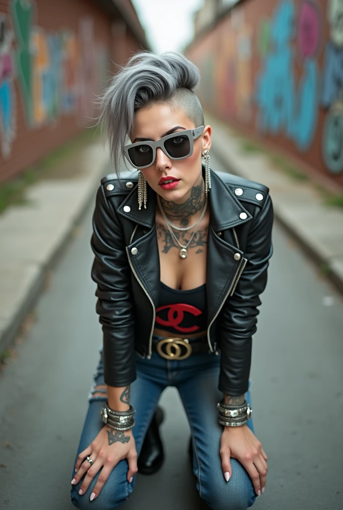 russian old milf woman, grey hair (pompadour, ponytail, shaved sides), wearing big oversized square sunglasses as headband, with very light blue eyes, extremely pale. Wearing cropped black moto jacket (padded shoulders) with lots of zippers and badges on jacket flaps, cropped t-shirt with big motorcycle club logo, dark blue jeans with holes and pointy Chelsea boots with cuban heels . Big silicone breasts. Lots of metallic bracelets, long pendants and lots of collars. Tacky leather belt with oversized chanel buckle. Long earrings. Kneeling, like in prayer, humbly looking at the camera, legs spread, tilted head, eyes and mouth wide open in amazement. Hands fixing her hair, toned abdominals, thin legs and thin arms. Tattoed chest, hands, belly and arms. Realistic