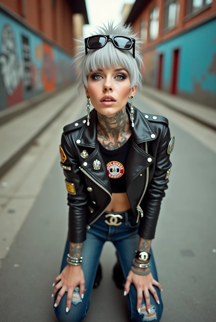 russian old milf woman, grey hair (pompadour, ponytail, shaved sides), wearing  big oversized square sunglasses as headband, with very light blue eyes, extremely pale. Wearing cropped black moto jacket (padded shoulders) with lots of zippers and badges on jacket flaps, cropped t-shirt with big motorcycle club logo, dark blue jeans with holes and pointy Chelsea boots with cuban heels . Big silicone breasts. Lots of metallic bracelets, long pendants and lots of collars. Tacky leather belt with oversized chanel buckle. Long earrings. Kneeling, like in prayer, humbly looking at the camera, legs spread, tilted head, eyes and mouth wide open in amazement. Hands fixing her hair, toned abdominals, thin legs and thin arms. Tattoed chest, hands, belly and arms. Realistic 