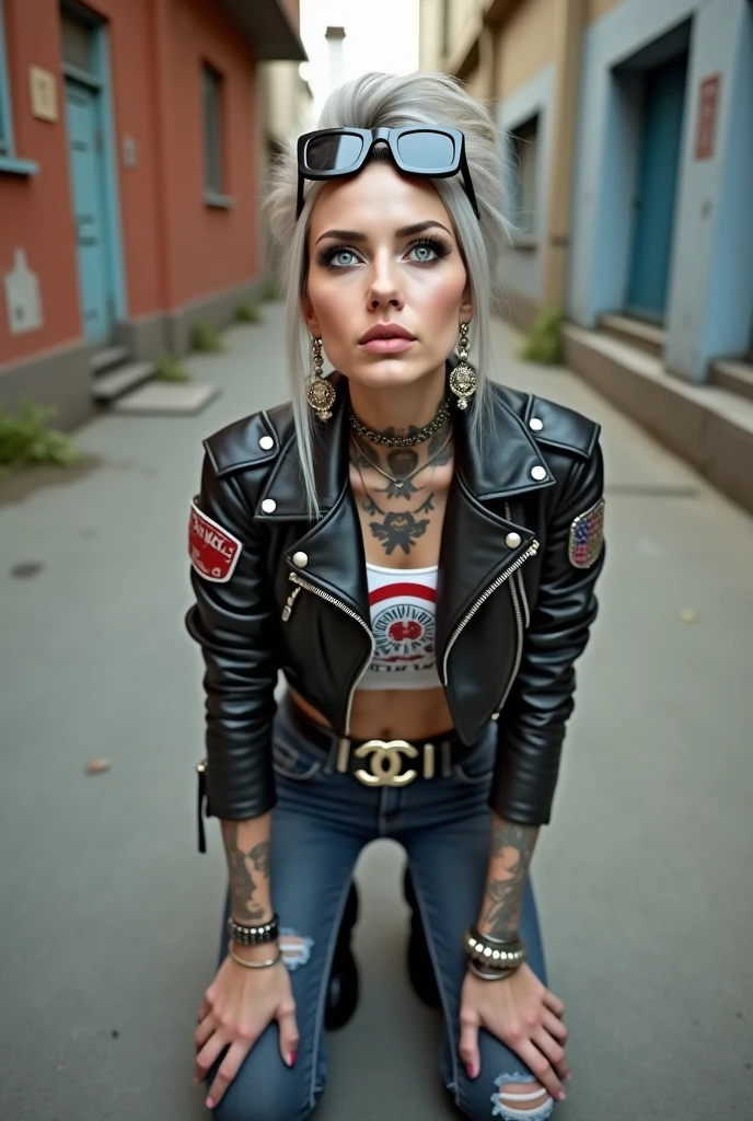 russian old milf woman, grey hair (pompadour, ponytail, shaved sides), wearing  big oversized square sunglasses as headband, with very light blue eyes, extremely pale. Wearing cropped black moto jacket (padded shoulders) with lots of zippers and badges on jacket flaps, cropped t-shirt with big motorcycle club logo, dark blue jeans with holes and pointy Chelsea boots with cuban heels . Big silicone breasts. Lots of metallic bracelets, long pendants and lots of collars. Tacky leather belt with oversized chanel buckle. Long earrings. Kneeling, like in prayer, humbly looking at the camera, legs spread, tilted head, eyes and mouth wide open in amazement. Hands fixing her hair, toned abdominals, thin legs and thin arms. Tattoed chest, hands, belly and arms. Realistic 