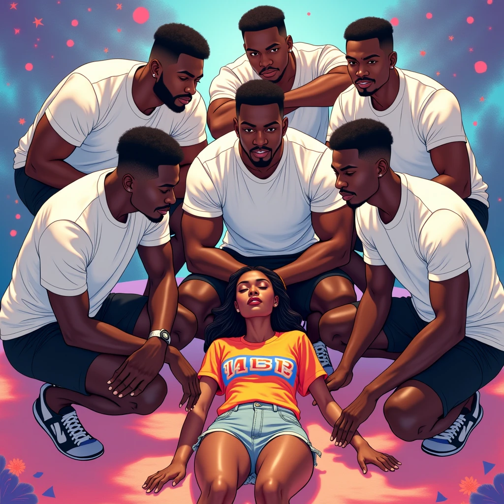 anime art: marvel art style, a squad of masculine 18-year-old black guys with a big bulge, wearing white t-shirt, black nike shorts and slides flip flops , they're squatting down on top of a sleeping woman wearing lgbt shirt