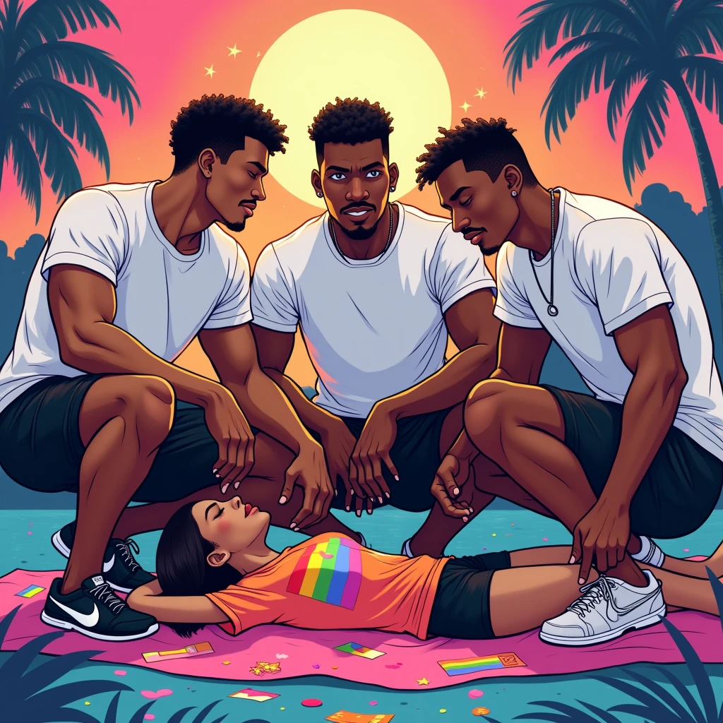 anime art: marvel art style, a squad of masculine 18-year-old black guys with a big bulge, wearing underwear, big bulge, and slides flip flops , they're squatting down on top of a sleeping woman wearing lgbt shirt