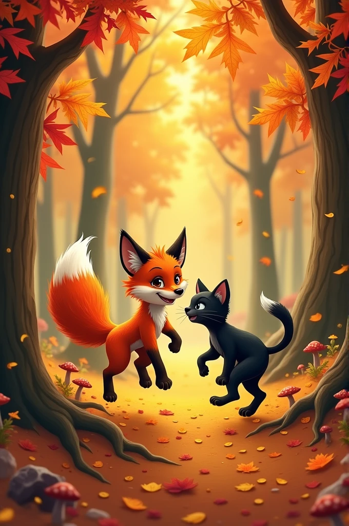 Fox playing with black cat in autumn