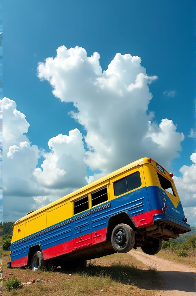 a bus with the colors of the Venezuelan flag that is on its side and in the background the blue sky with cujies