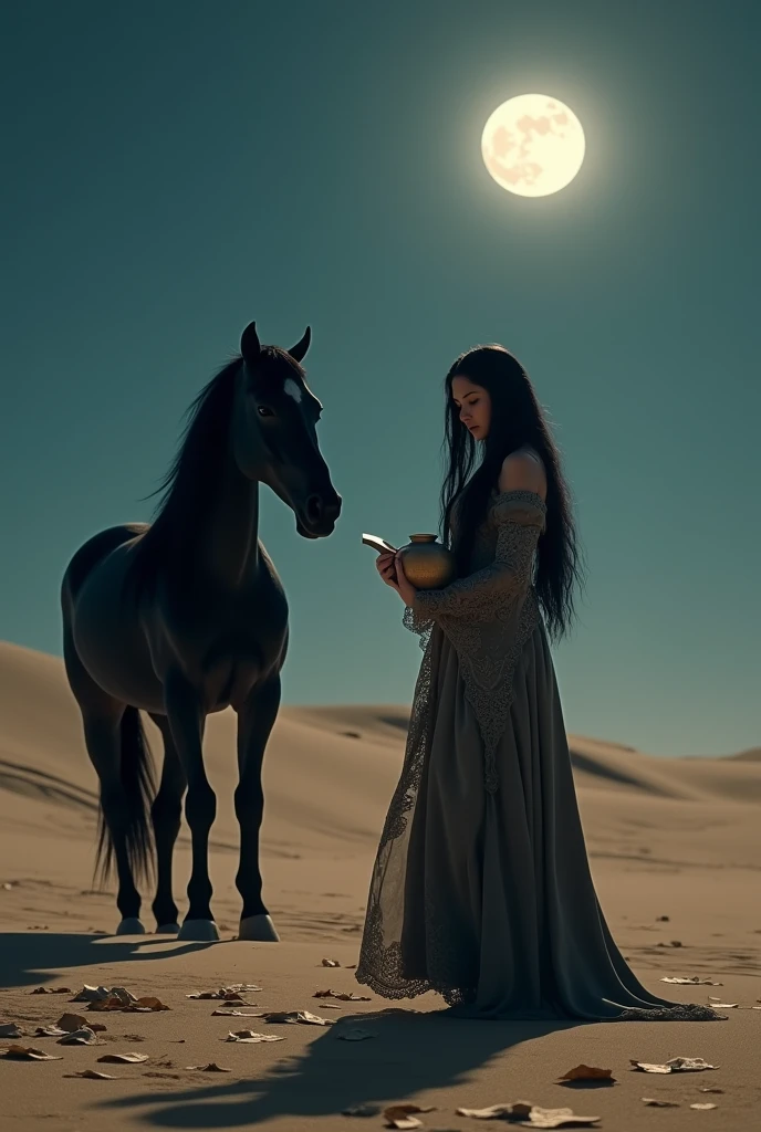 Draw a picture of a girl of 30 years old in brave's costume, having straight black hair standing in desert holding a jar. The girl is holding a small chit and reading it.
On desert there are lots of chits everywhere without led lights.
A black horse is standing behind the girl on left side.
The whole picture is in dark mode.
