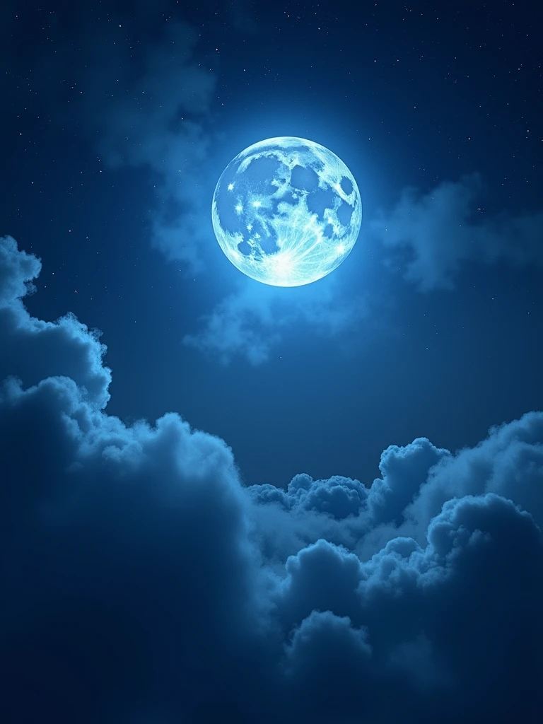 a realistic image of full bluemoon in the night surrunding by clouds and tiny stars of the galaxy