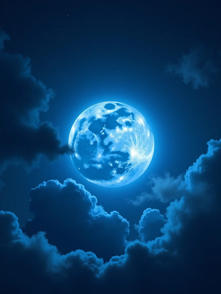 a realistic image of full bluemoon in the night surrunding by clouds and tiny stars of the galaxy