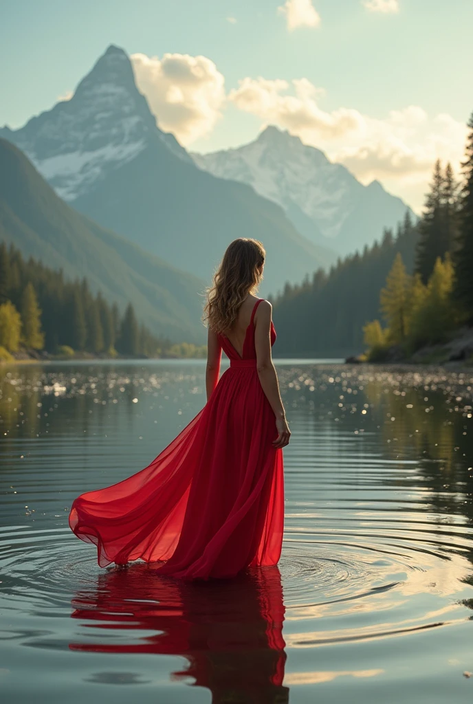 Light skinned lady in red dress standing in a shallow lake with mountains in the background