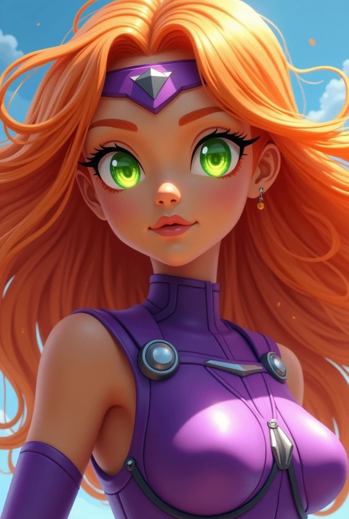 An orange skinned girl, wearing a purple sleeveless power suit. Her eyeballs are bright green, glowing and without pupils inside. She has orange long and wavy hair, an hairbang and she is busty. She flyes in the sky. Beautiful detailed face