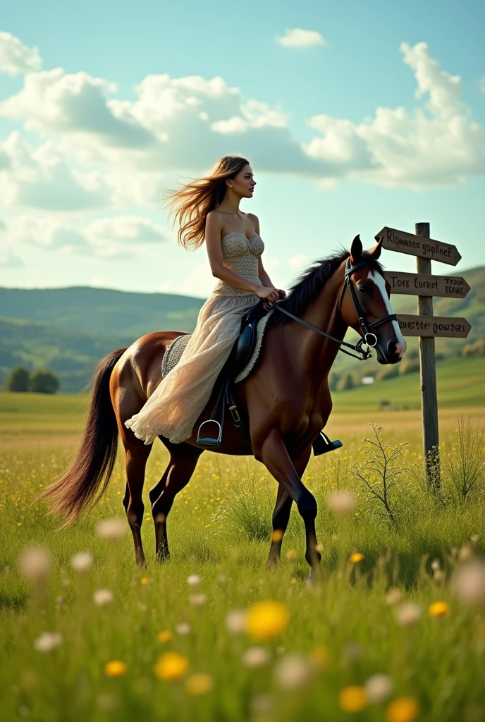 A beautiful woman wearing a city dress is riding a horse in a green and beautiful meadow. Dan ada papan nama ridwangrapher
