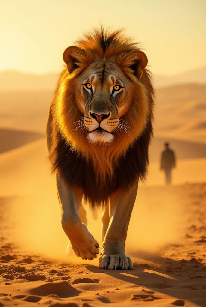 The image shows a majestic and imposing lion in a vast, arid and scorching desert. The lion has a thick, golden mane that shines in the bright sun, giving it an appearance of royalty and strength. His eyes are piercing and golden in color, reflecting the sunlight and exuding an aura of authority and savagery. Sharp claws stand out as he walks slowly across the sand, leaving deep marks in its wake.The surrounding landscape is an endless desert, with undulating dunes stretching to the horizon. There is a human figure in the distance, almost imperceptible, highlighting the vastness of the desert and the difference in power between the lion and the human. The atmosphere is hot and stuffy, with heat waves distorting the air ahead. The sun high in the sky casts long shadows, accentuating the muscular lines of the lion and the vast isolation of the desert.