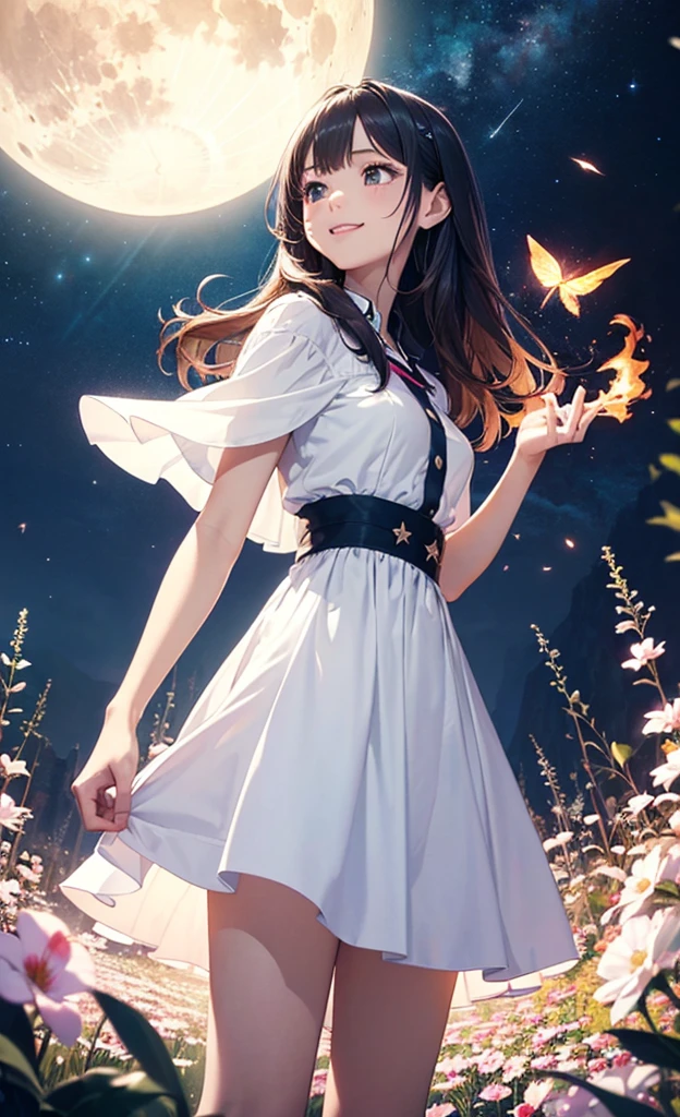 (masterpiece:1.2)、(Highest quality)、4K、Super detailed、(Movement Structure:1.4)、Very fine and colorful details、(Rainbow colors:1.2)、(Glowing lights、Atmospheric lighting)、dream-like、Magic、(solo:1.2)、Absurd, High resolution, (Official Art, beautifully、aesthetic:1.2), Highest quality、(One Girl:1.8)、(solo:1.7)、Super detailedな,Bright colors、Anime Face、Very beautiful face and eyes, Beautiful images、high resolution、Sharp image quality、very cute、Vast landscape photography、(Nitanita smile),(View from below。I can see the sky and the wilderness below.)、A girl standing in a flower field looking up、(full moon:1.2)、(shooting star:0.9)、(nebula:1.3)、Distant Mountain、Treebreak Production Art、(Warm color Light Source:1.2)、(fire Fly:1.2),(Hatsuko Endo's wedding dress:1.3),(Hair parted in the middle、Blonde smooth straight),Intricate details、Volumetric Lighting、Realism Break 、and, Very detailed, , (smile, Heavy breathing, blush, Sweat,Spread your legs,魅惑的なsmile,Perverse laughter,Obscene atmosphere、Masturbation,and the shape of the female genital organs is clearly visible,,Hands on panties,Panties are wet,Your body is wet,Sweat,,Desire for dissatisfaction, White pantyhose,sperm is flowing out from between the thighs,Mouth full of sperm,bend over,Rear view,Spread your legs,魅惑的なsmile,Perverse laughter,Obscene atmosphere、Dynamic Pose)