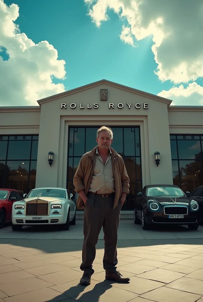 Imagine a realistic poor guy standing infront of rolls royce showroom, the sky color must be sky blue moreover with cloudy weather