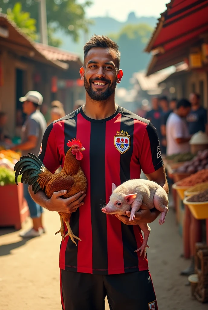 Jason wearing a São Paulo FC shirt holding a chicken and a dead pig