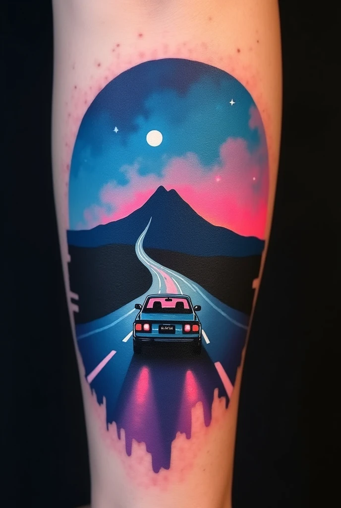 Un tatouage minimalisme non realiste en couleurs 
Dune voiture roulant en direction d'une montagne en pleine nuit
Dans le style 2049
La voitures et la montagne sont tres  éloigner 

