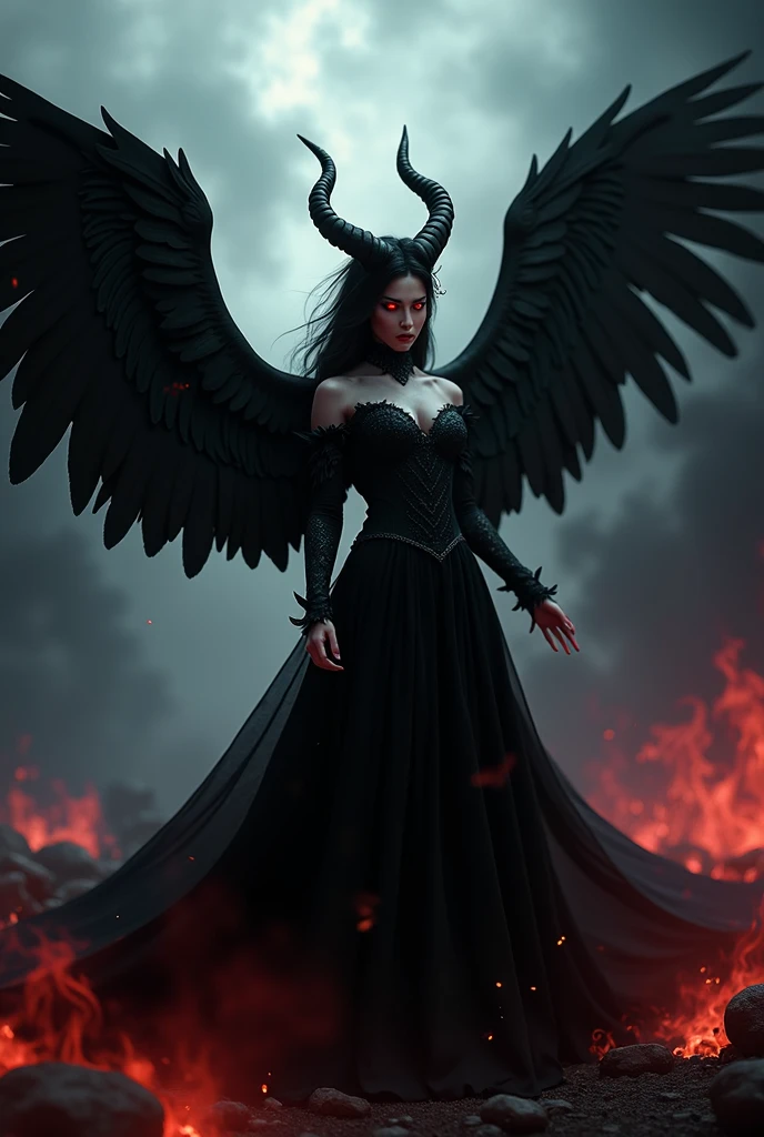 A striking 3D render of a demoness angel with large, black raven wings spread wide and red, glowing eyes that exude an intense gaze. She is adorned in dark, ethereal attire, with a flowing black gown and intricate, horned headpiece. The cinematic-style poster showcases the demoness angel in a dramatic, sweeping pose against a backdrop of swirling darkness and an ominous storm., cinematic, 3d render, poster